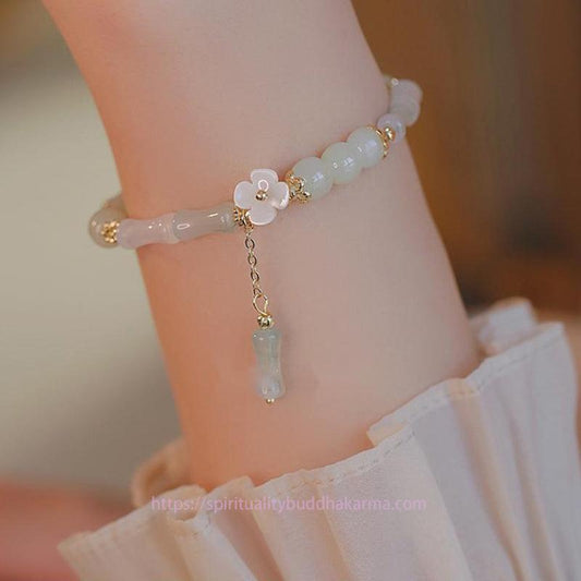 Jade  14K Gold Plated Natural Hetian Jade Flower Bamboo Pattern Luck Chain Bracelet