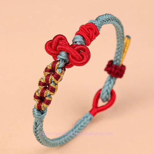Antikes tibetisch-buddhistisches Armband aus rotem Seil, handgefertigt nach Wenchang-Knoten, symbolisiert Glück und Stärke. 