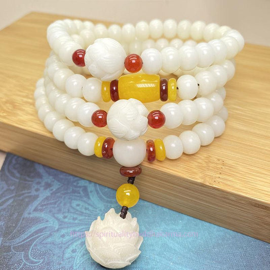Bracelet de protection en forme de mala de lotus, de graine de Bodhi et de spiritualité, composé de 108 perles, inspiré du Bouddha et du karma. 