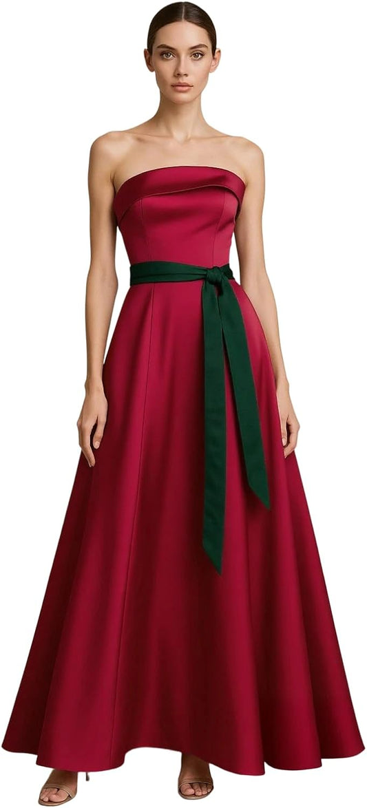 Elegant Strapless Silk Satin Evening Dress, Wedding Bridesmaid Gown, Formal Occasion Dress with Lace-up Back and Built-in Bra