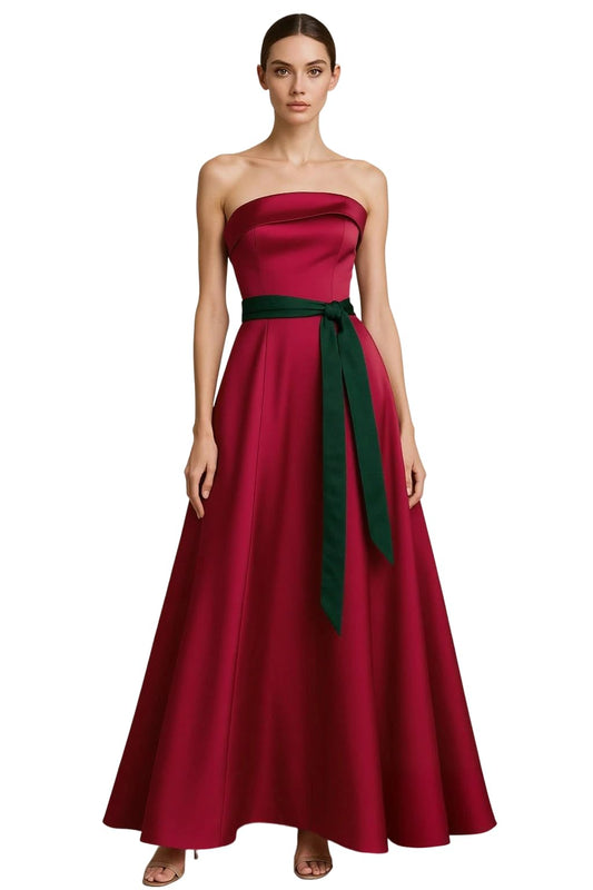 Elegant Strapless Silk Satin Evening Dress, Wedding Bridesmaid Gown, Formal Occasion Dress with Lace-up Back and Built-in Bra