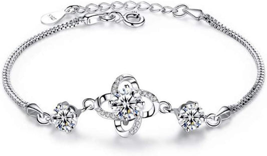 Sunnyshopday 925 Sterling Silver Sun Flower Diamond Bracelet Hand Link for Women Girl Bangle with Jewellery Gift Box (925 Silver Bracelet) (925 Sterling Silver)