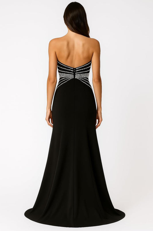 UK4 Heavy Beaded Black Chiffon Mermaid A-Line Prom Slit Evening Dress Gown Dress Skirt