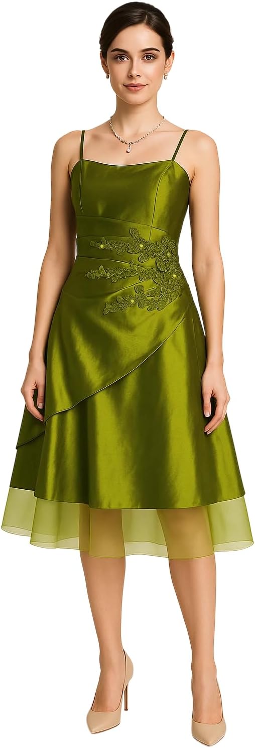 Elegant Green Taffeta Embroidered Evening Dress, Wedding Dress, Bridesmaid Dress, Formal Occasions with Organza Skirt, Adjustable Spaghetti Straps and Smocked Back Design