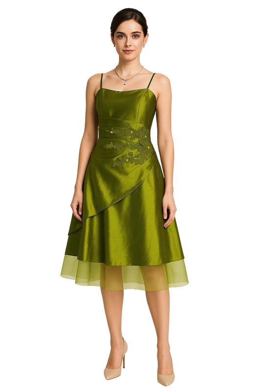 Elegant Green Taffeta Embroidered Evening Dress, Wedding Dress, Bridesmaid Dress, Formal Occasions with Organza Skirt, Adjustable Spaghetti Straps and Smocked Back Design