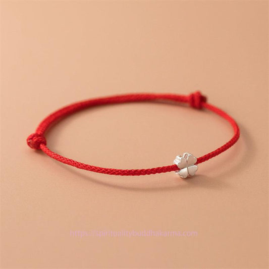 Ancient Tibetan Buddhist Red String Tradition  925 Sterling Silver Four Leaf Clover Red Rope Bracelet