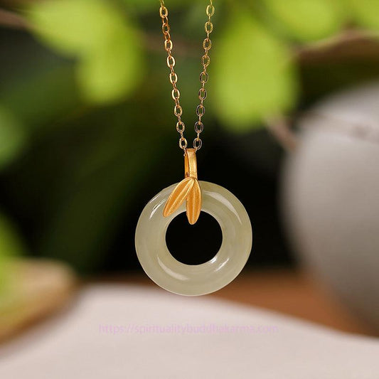 Jade  925 Sterling Silver Cyan Jade Peace Buckle Bamboo Leaf Harmony Necklace Pendant