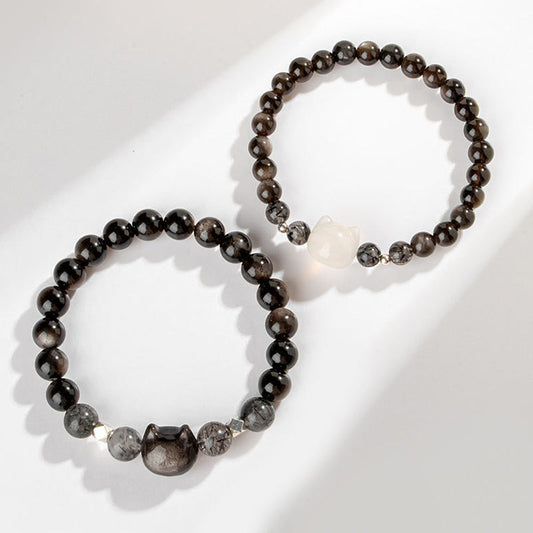 Spirituality Buddha Karma Natural Silver Sheen Obsidian Cute Cat Head Protection Bracelet