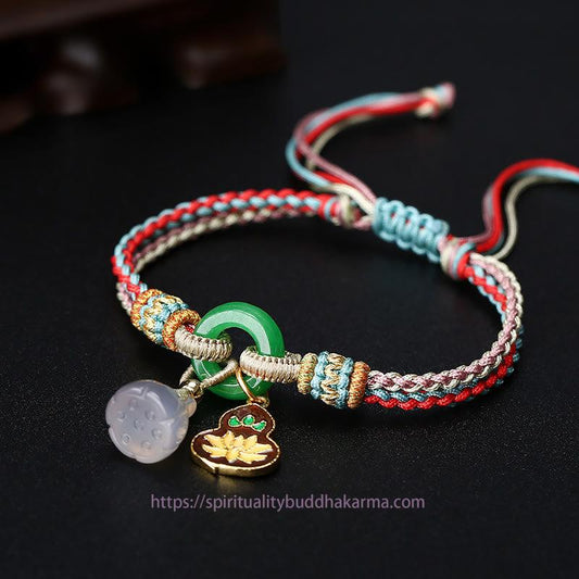 Ancient Tibetan Buddhist Red String Tradition  Colorful Rope Chalcedony Lotus Jade Peace Buckle Harmony Gourd Charm Bracelet