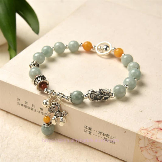 Jade 925 Sterling Silber Naturjade Bernstein PiXiu Pony Erfolgsarmband 