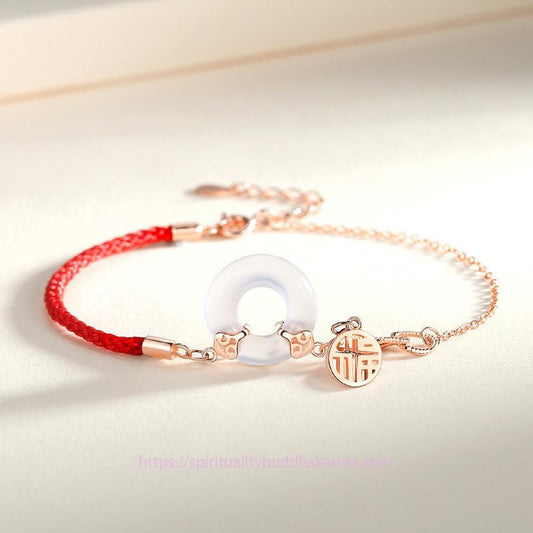 Ancient Tibetan Buddhist Red String Tradition  925 Sterling Silver Peace Buckle Chalcedony Fu Character Harmony Bracelet