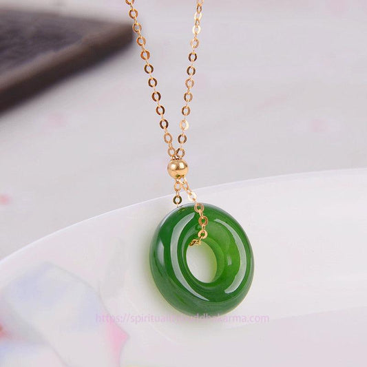 Jade  Round Cyan Jade Healing 14K Gold Necklace Pendant