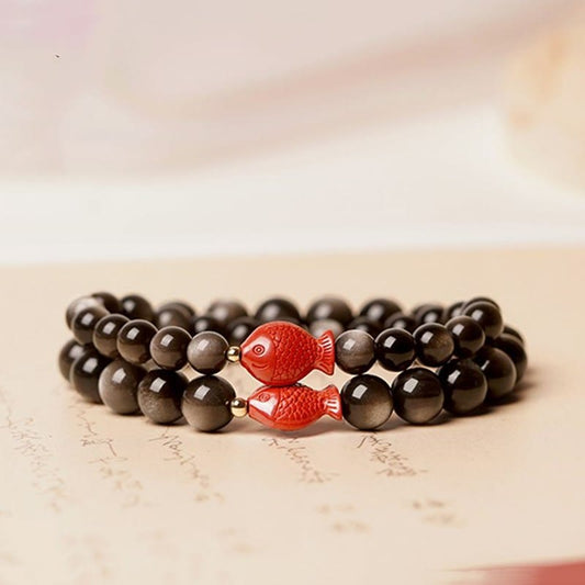 Armband mit spirituellem Buddha-Karma-Motiv, natürlichem Silberglanz, Obsidian, Zinnober und Koi-Fischmotiv, beruhigendem Schutz 