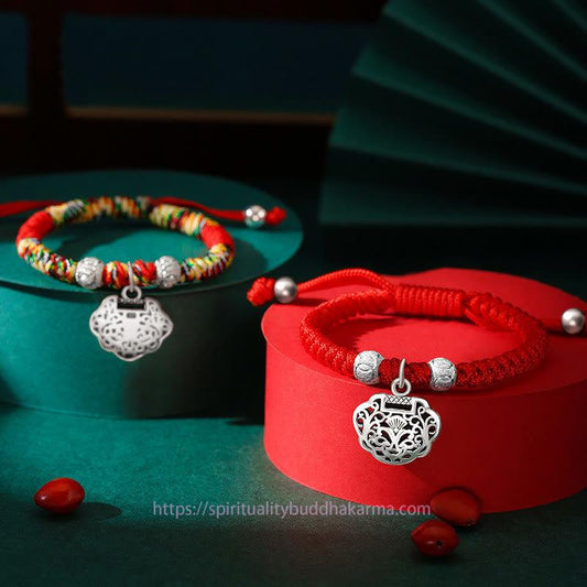 Ancient Tibetan Buddhist Red String Tradition  925 Sterling Silver Chinese Lock Charm Multicolored Red String Protection Handmade Braided Kids Bracelet