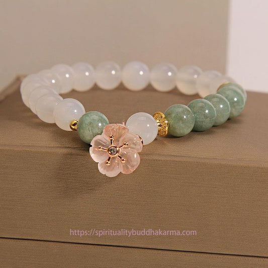 Jade  White Agate Jade Flower Charm Luck Protection Bracelet