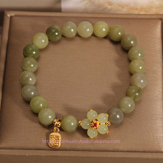 Jade  Green Jade Flower Fu Character Charm Luck Bracelet