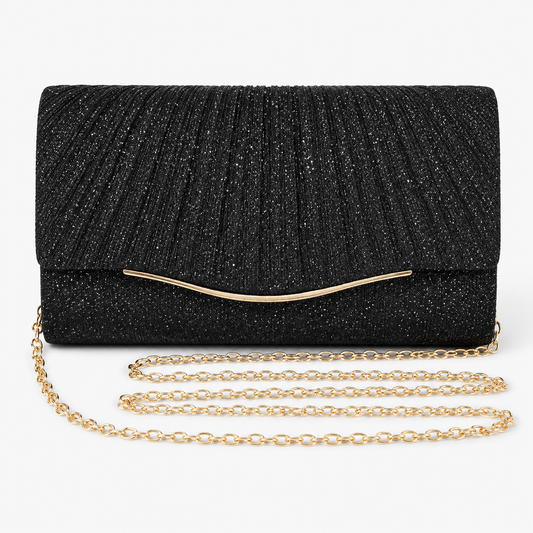 Women’s Glitter Evening Clutch Bag, Elegant Pleated Handbag with Detachable Gold Chain, Magnetic Closure Sparkly Shoulder Purse for Wedding, Party, Prom and Dinner