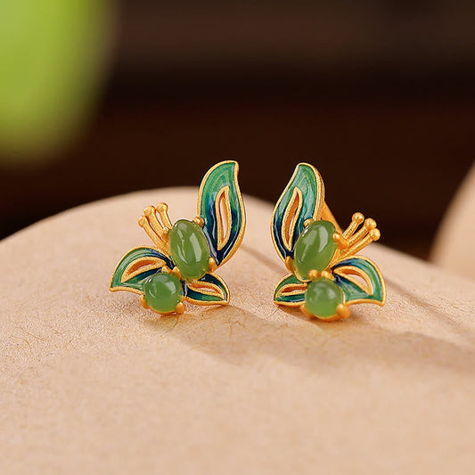 Jade  925 Sterling Silver Plated Gold Natural Cyan Jade Butterfly Luck Healing Earrings