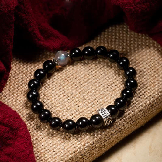 Spiritualität Buddha Karma Chinesischer Tierkreis Geburtsbuddha 925 Sterling Silber Schwarzer Obsidian Mondstein Stärke Armband