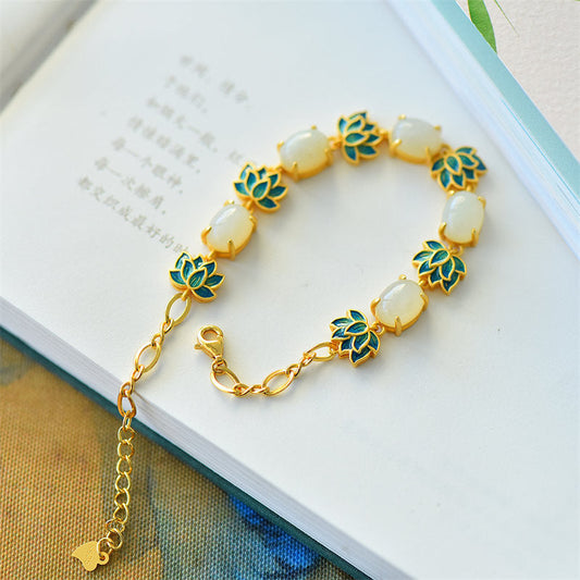 Jade  White Jade Cyan Jade Lotus Protection Bracelet