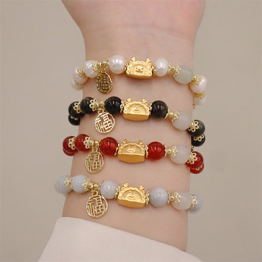 Spirituality Buddha Karma Year Of The Dragon Red Agate Strawberry Quartz Black Obsidian Jade Garnet Pearl Cinnabar Dumpling Dragon Luck Fu Character Bracelet