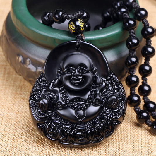 Collier d'énergie Bouddha, pendentif Bouddha rieur en obsidienne noire, collier de protection et de force 