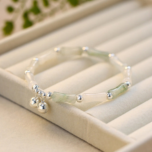 Jade  925 Sterling Silver Natural White Jade Bamboo Bell Charm Luck Happiness Bracelet
