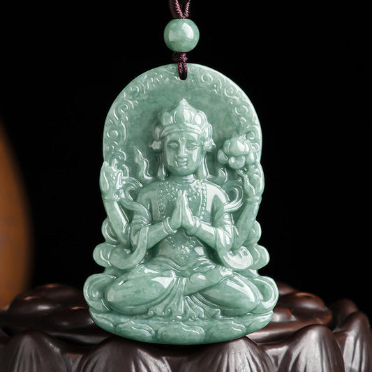 Buddha-Energie-Halskette, vierarmiger Avalokitesvara, Amulett aus natürlichem Jade, Segenskette