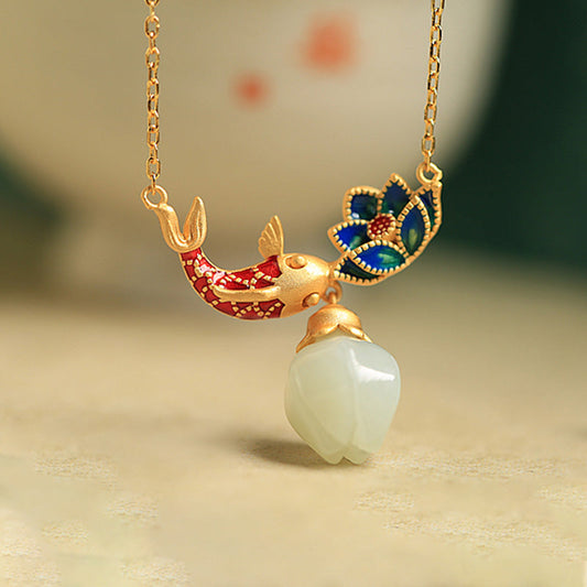 Jade  925 Sterling Silver White Jade Koi Fish Lotus Protection Necklace Pendant