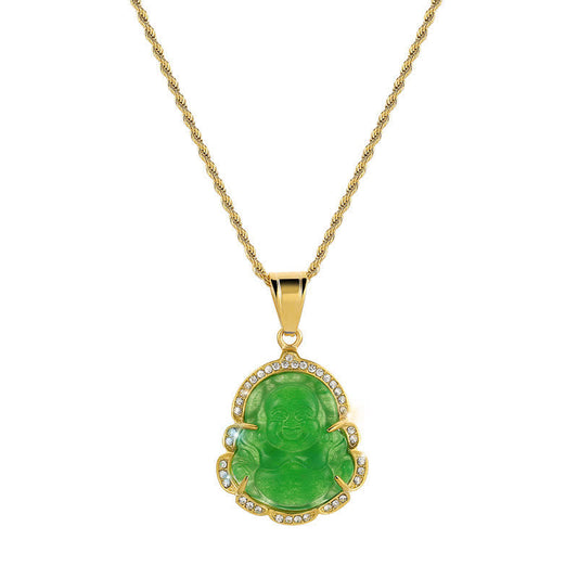 Buddha Energy Necklace 18K Gold Filled Laughing Buddha Jade Luck Necklace Chain Pendant