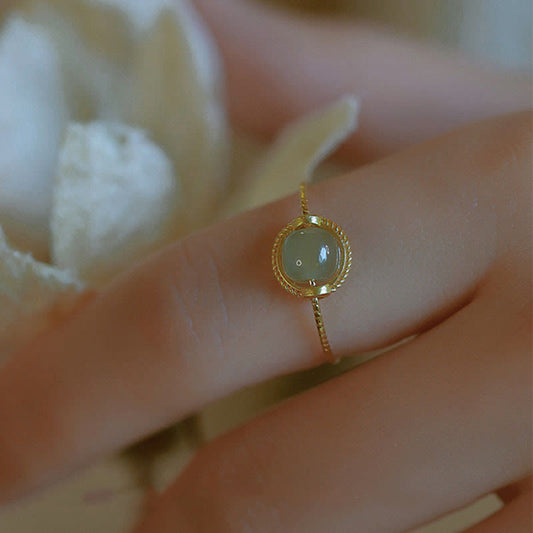 Bague ajustable en jade rond plaqué or 14 carats, symbole de chance et de prospérité 