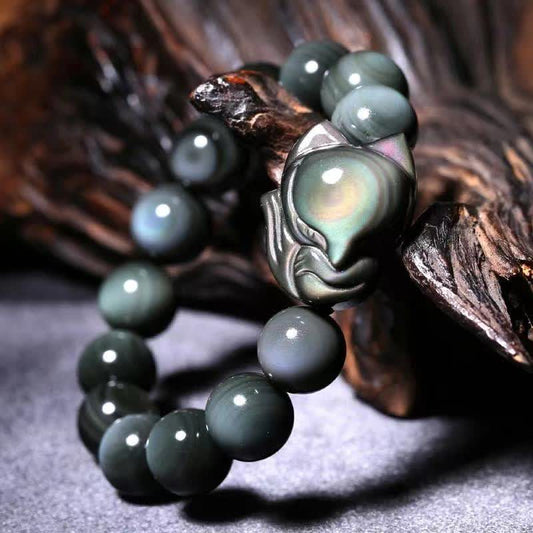 Spirituality Buddha Karma Rainbow Obsidian Fox Healing Positive Bracelet