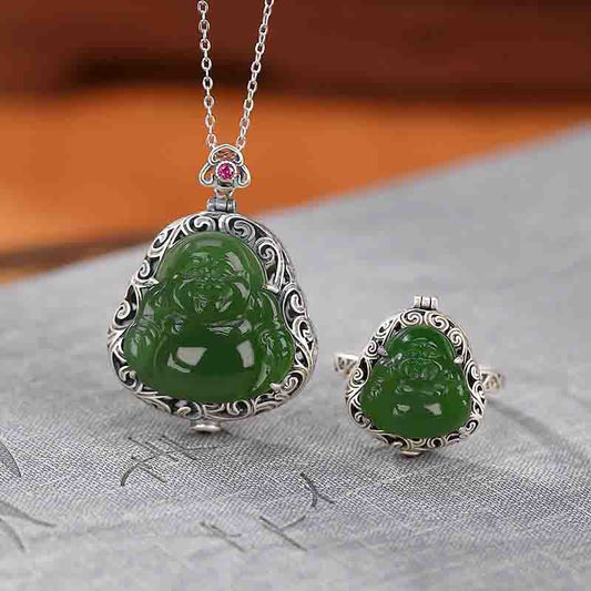 Buddha-Energie-Halskette aus 925er Sterlingsilber, natürlichem Hetian-Cyan-Jade, lachender Buddha, Glückswolken, Erfolgs-Halskette, Anhänger und Ring-Set