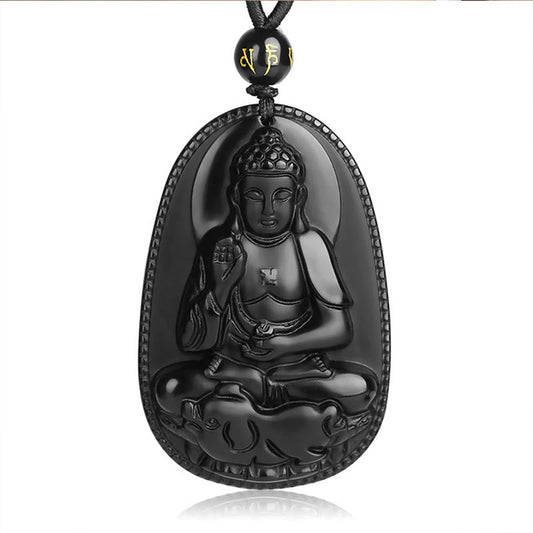 Spiritualität Buddha Karma Chinesisches Tierkreiszeichen Geburtsbuddha Natürlicher schwarzer Obsidian Reinigungshalsanhänger 