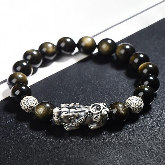 Spiritualität Buddha Karma 925 Sterling Silber Natürlicher Goldglanz Obsidian PiXiu Armband zum Schutz vor Reichtum
