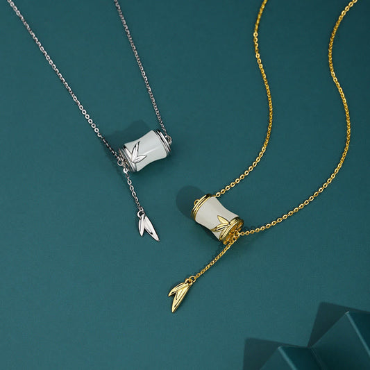 Jade  925 Sterling Silver 22K Gold Hetian White Jade Bamboo Leaf Luck Necklace Pendant Bracelet