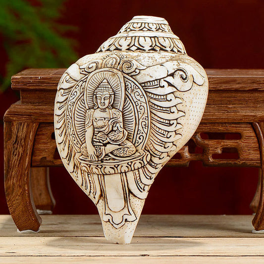 Tibetische Spiritualität, handgefertigte gravierte Shankha-Muschel, Buddha Avalokiteshvara, Reichtumsdekoration