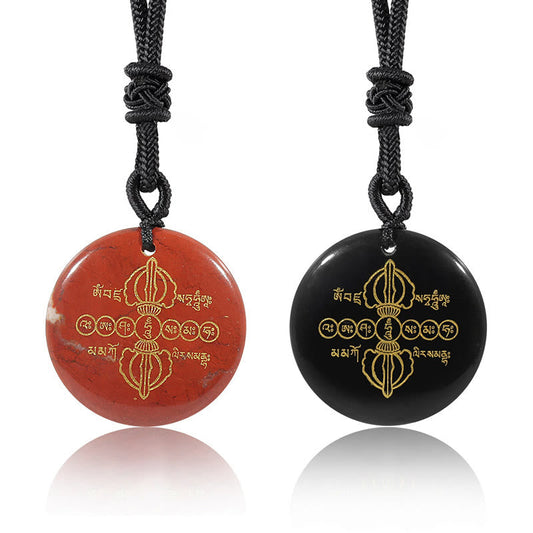 Spiritualität Buddha Karma Vajra Dorje Sanskrit Muster Natürliche Verschiedene Kristalle Schwarzer Obsidian Erfüllung Halskette Anhänger 