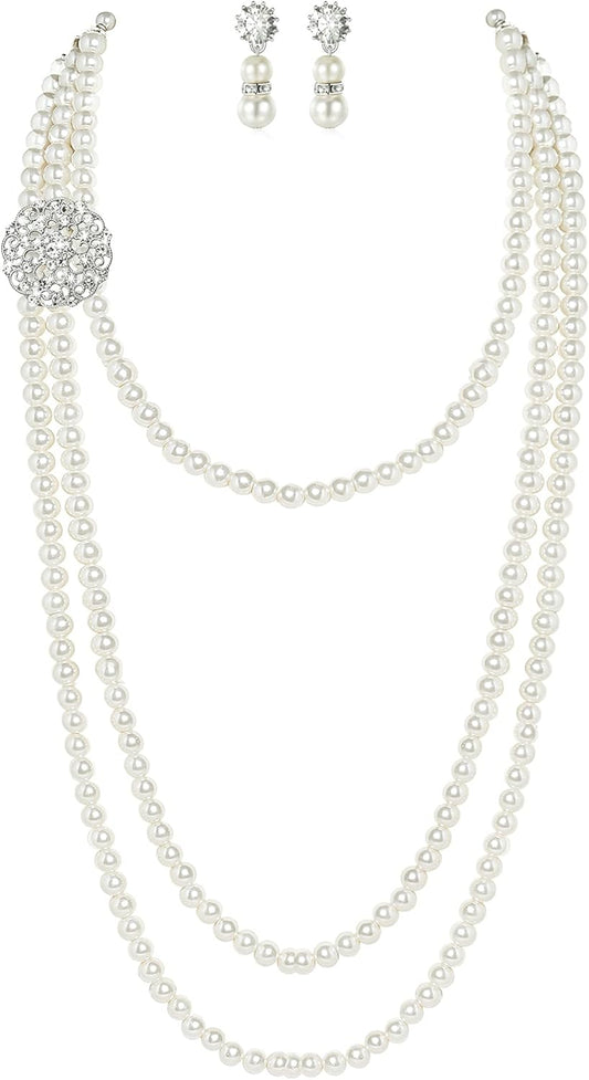 1920s Gatsby Pearl Necklace Vintage Bridal Pearl Necklace Earrings Jewelry Set Multilayer Imitation Pearl Necklace with Brooch