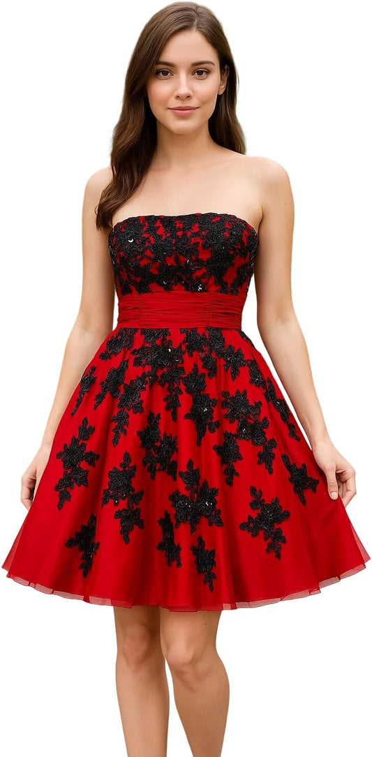 Red Strapless Embroidered Bridesmaid Dress with Black Lace Appliqué, Silver Beading, Built-in Bra and Adjustable Back Lace-Up, Perfect for Cocktail Parties, Formal Events, Prom Gowns,Beach Weddings