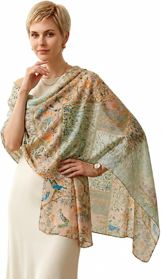 67" x 43“,100% Mulberry Silk Scarf for Women, Large Silk Shawls and Wraps, Luxury Lightweight Sheer Scarf, Floral Bird Print Botanical Wrap,