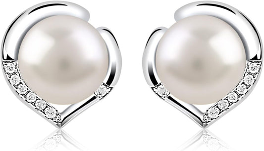 925 Sterling Silver Freshwater Pearl Earrings with Natural Pearls and Zircon Heart Design – Elegant and Light Luxury, Perfect Choice