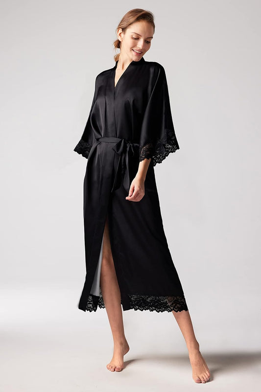 Satin Kimono Robe Silky Long Bridesmaid Wedding Lightweight Bath Robe with Lace Trim