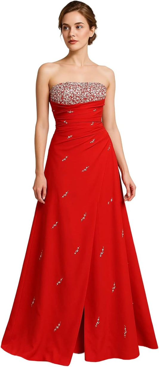 US12-14 Elegant Red Strapless Evening Gown with Handcrafted Beading and Lace-Up Back – Perfect for Proms, Galas, and Special Occasions