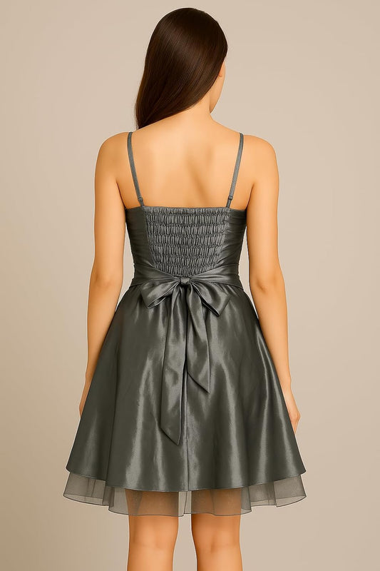 Silver Taffeta Dress with Elastic Back, Organza Underskirt, and Spaghetti Straps Size S (UK, Alpha, S, Regular, Regular, Short Silver Dress Size S)