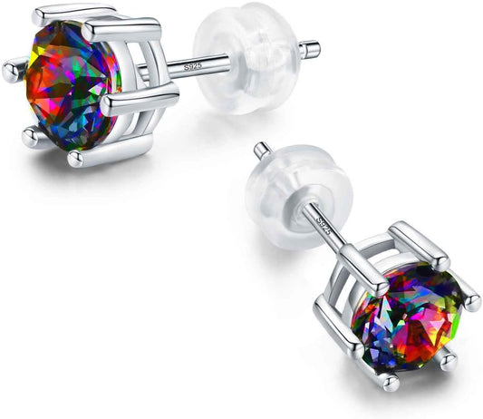 925 Sterling Silver,6.5mm Custom Designed Crystal Serial Earring Gemstone Stone, Stud with Gift Box,Men Women