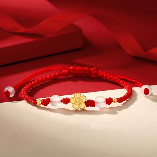 Antikes tibetisch-buddhistisches Armband aus rotem Seil, handgefertigt aus 925er Sterlingsilber mit Pfirsichblüten-, Kirschblüten- und Chalcedonperlen. 