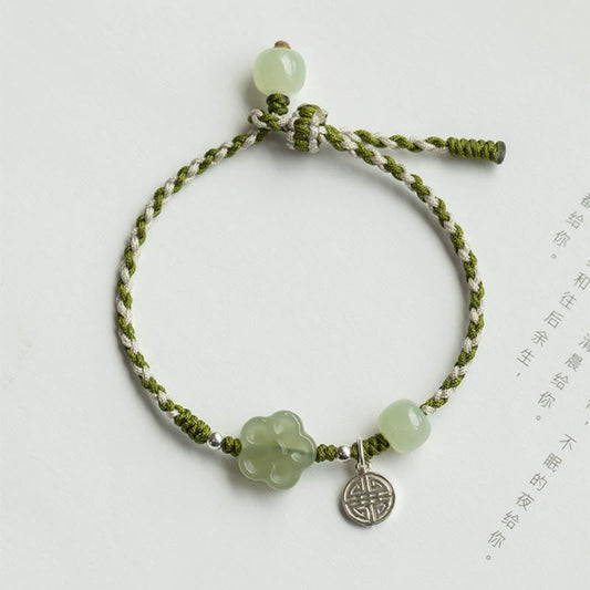 Ancient Tibetan Buddhist Red String Tradition  Handmade Plum Blossom Flower Jade Luck Prosperity Braided Bracelet