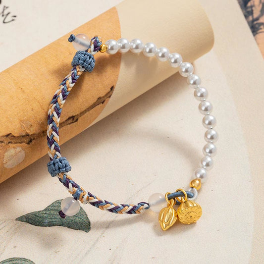 Ancient Tibetan Buddhist Red String Tradition  925 Sterling Silver Lotus Pearl Colorful Rope Chalcedony Prosperity Bracelet