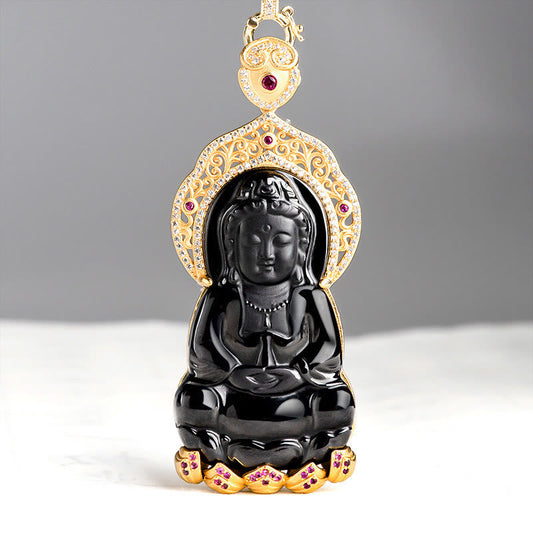 Buddha-Energie-Halskette aus 925er Sterlingsilber mit Anhänger aus schwarzem Naturjade (Kwan Yin Avalokiteshvara).
